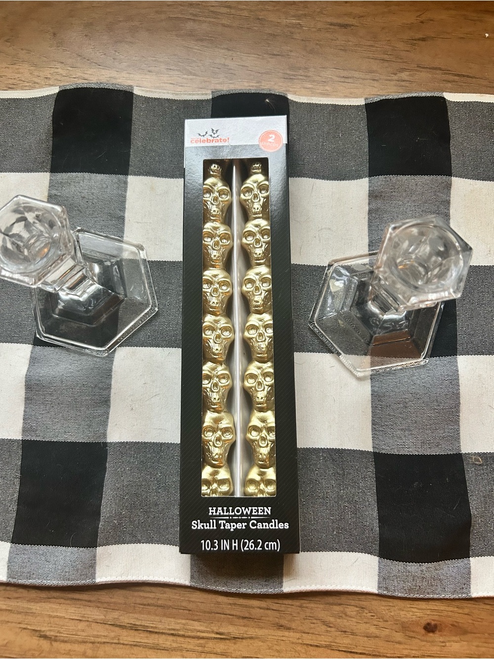 Celebrate It Metallic Gold Skull Taper Candles with clear vintage glass holders